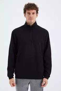 Черный мужской свитшот с высоким воротником и полумолнией и карманом TOMMYLIFE