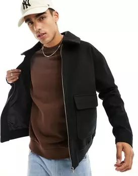Черный объемный шерстяной бомбер с воротником борг ASOS DESIGN