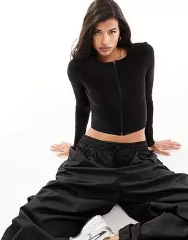 Черный облегающий топ с длинными рукавами и молнией ASOS DESIGN