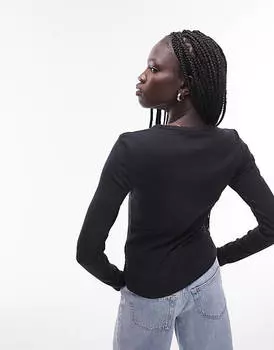 Черный облегающий топ с v-образным вырезом и длинными рукавами Topshop