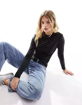 Черный облегающий топ со сборками и высоким воротником Vila