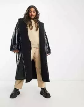 Черный оверсайз-тренч из борга и винила ASOS DESIGN Curve