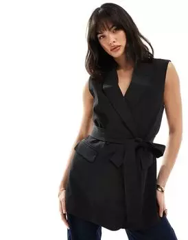 Черный пиджак без рукавов с поясом ASOS