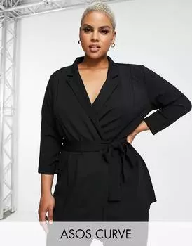 Черный пиджак из джерси с поясом-оби ASOS DESIGN Curve
