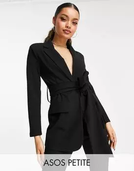 Черный пиджак из джерси с завязками на талии ASOS DESIGN Petite
