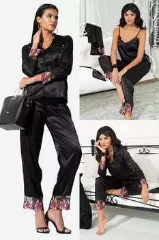 Черный пижамный комплект из 6 предметов с атласной вышивкой FOR YOU MODA