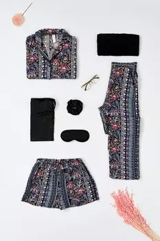 Черный пижамный комплект из 7 предметов из вискозы с этническим узором внутри и снаружи FOR YOU MODA