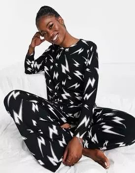 Черный пижамный комплект из вискозы с длинными рукавами и брюками ASOS DESIGN