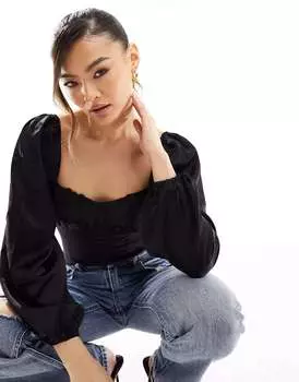 Черный плиссированный атласный топ с длинными рукавами Abercrombie & Fitch