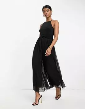 Черный плиссированный комбинезон с поясом ASOS DESIGN