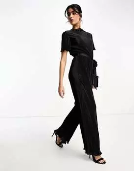 Черный плиссированный комбинезон с высоким воротником ASOS