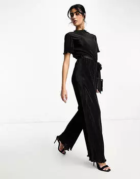 Черный плиссированный комбинезон с высоким воротником ASOS DESIGN