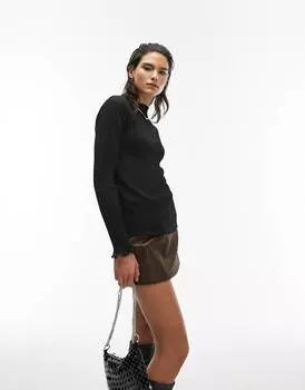 Черный плиссированный топ с длинными рукавами и вырезом-трубой Topshop