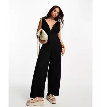 Черный пляжный комбинезон с завязками на плечах и эластичной талией Esmee Esme