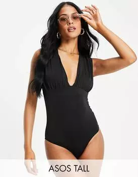 Черный присборенный купальник с глубоким вырезом ASOS DESIGN Tall
