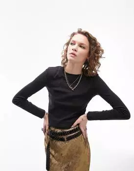 Черный приталенный топ с длинными рукавами Topshop