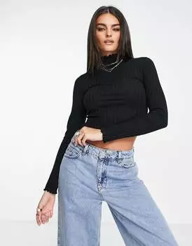 Черный приталенный топ в рубчик с салатовым краем ASOS DESIGN