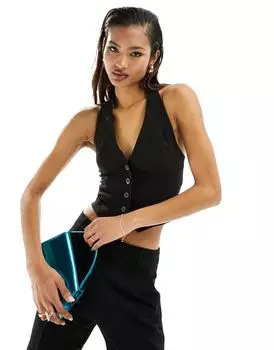 Черный приталенный жилет с глубоким вырезом ASOS DESIGN