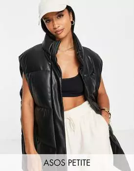 Черный пуховик из искусственной кожи ASOS DESIGN Petite