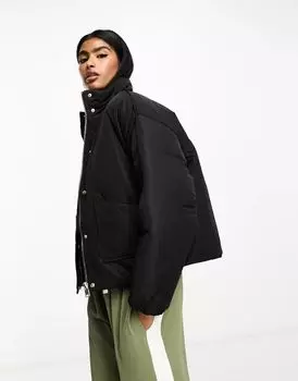 Черный пуховик из искусственной кожи River Island