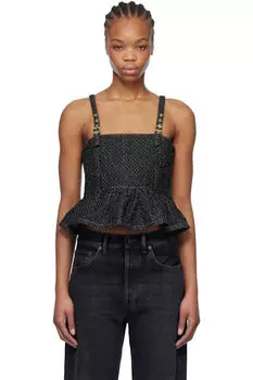 Черный пушистый джинсовый топ на бретелях GANNI