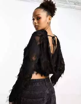 Черный пушистый жаккардовый топ со спинкой и капюшоном ASOS