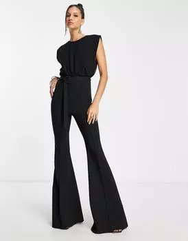 Черный расклешенный комбинезон с шифоновым верхом и поясом ASOS DESIGN