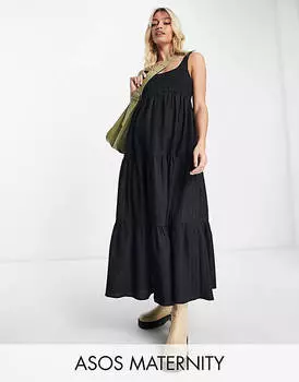 Черный сарафан макси с овальными вырезами и сборками ASOS DESIGN Maternity