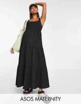 Черный сарафан макси со сборками и ярусами ASOS DESIGN Maternity Maternity