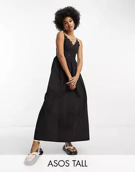 Черный сарафан миди с плиссированной юбкой ASOS DESIGN Tall