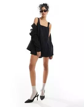 Черный сарафан в тонкую полоску с квадратным вырезом ASOS DESIGN
