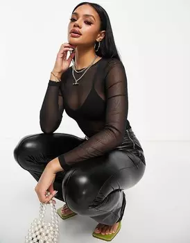 Черный сетчатый боди с длинными рукавами ASOS DESIGN - ЧЕРНЫЙ