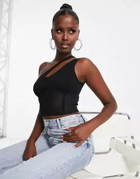 Черный сетчатый корсет на одно плечо с вырезами ASOS DESIGN