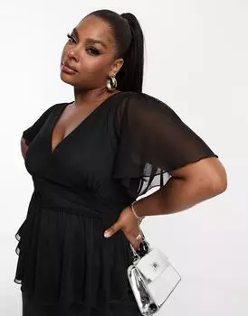 Черный сетчатый топ с баской и короткими рукавами ASOS DESIGN Curve