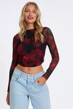 Черный сетчатый топ с цветочным принтом и сборками QUIZ Clothing