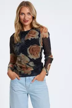 Черный сетчатый топ с цветочным принтом QUIZ Clothing