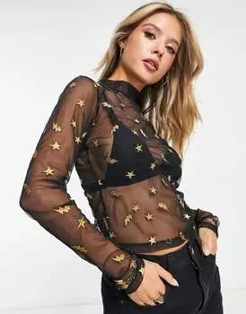 Черный сетчатый топ с длинными рукавами и вышивкой молний ASOS