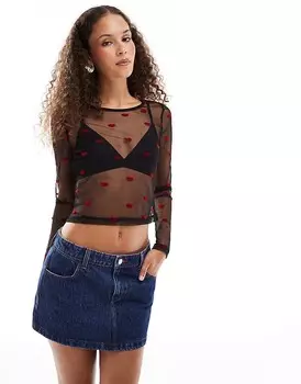 Черный сетчатый топ с длинными рукавами и флокированным принтом в виде губ Noisy May