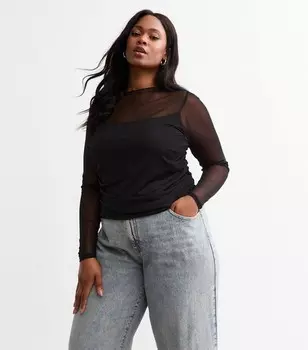 Черный сетчатый топ с длинными рукавами и рюшами Curves New Look, черный
