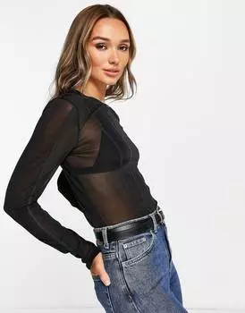 Черный сетчатый топ с длинными рукавами и швами Topshop