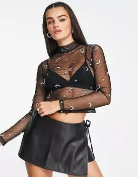 Черный сетчатый топ с длинными рукавами и вышивкой в ​​виде луны ASOS DESIGN