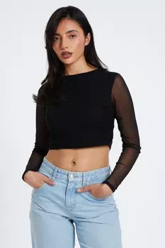 Черный сетчатый топ с длинными рукавами QUIZ Clothing