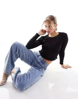 Черный сетчатый топ с круглым вырезом и длинными рукавами New Look