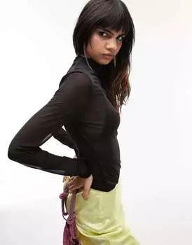 Черный сетчатый топ с высоким воротником и длинными рукавами Topshop