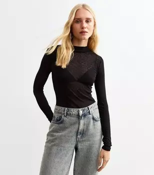 Черный сетчатый топ с высоким воротником и длинными рукавами New Look, черный