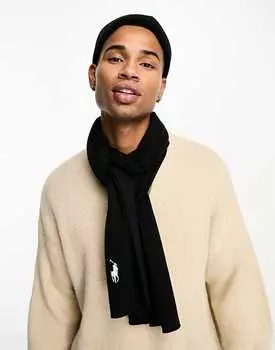 Черный шарф с логотипом Polo Ralph Lauren в рубчик из хлопка Pima