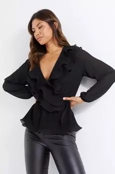 Черный шифоновый топ с баской и запахом QUIZ Clothing