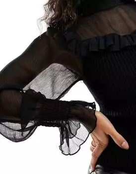 Черный шифоновый вязаный топ с рукавами-манжетами New Look