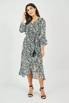 Черный шифоновый запах-миди из переработанного винтажного лугового цветочного принта Yumi, черный