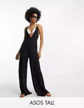 Черный широкий пляжный комбинезон с двойными бретелями ASOS DESIGN Tall